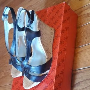 Guess Black Leather Tarissa Wedge Heels